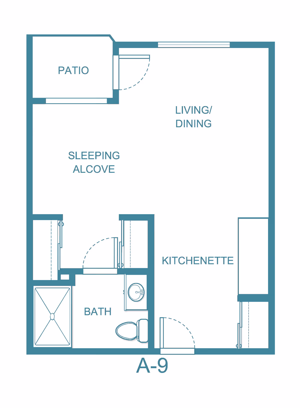 Floor plan layout of a studio apartment labeled A-9 at River's Edge By Barclay House, showing a patio, sleeping alcove, living/dining area, kitchenette, and a bathroom with a shower, toilet, and sink.