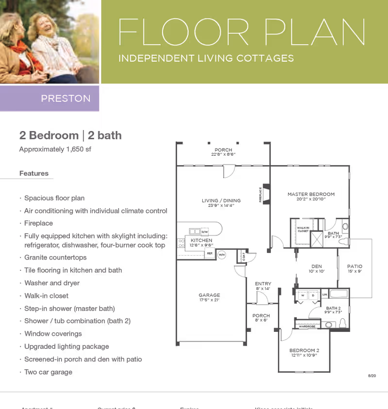 Floor plan for Preston model independent living cottage at Woodland Terrace, showing a 2 bedroom, 2 bath layout with features including spacious floor plan, air conditioning, fireplace, fully equipped kitchen, granite countertops, tile flooring, washer and dryer, walk-in closet, step-in shower, shower/tub combination, window coverings, upgraded lighting, screened-in porch and den with patio, and two car garage.