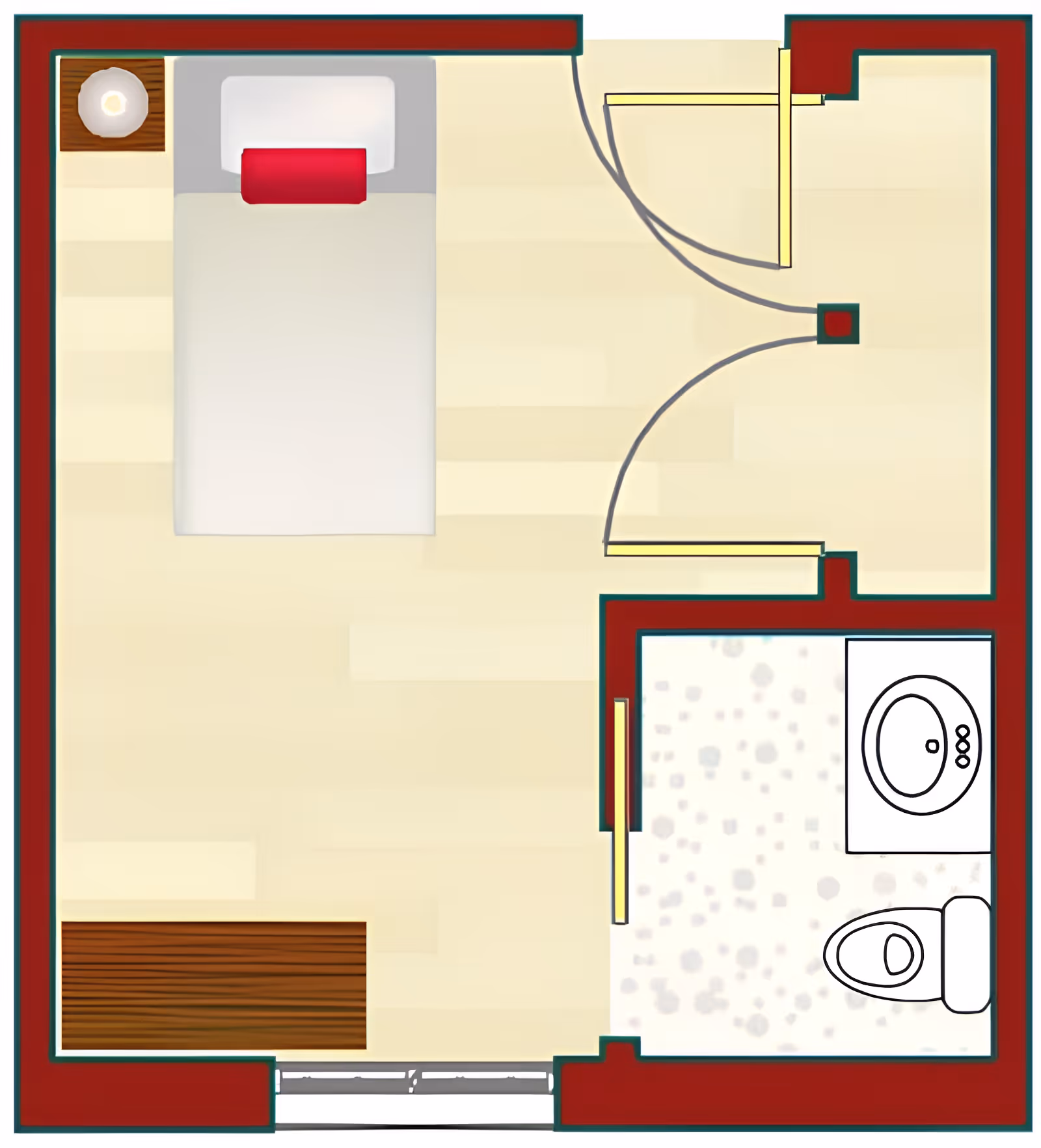 Floor plan of a small room with a bed, a nightstand with a lamp, a bench at the foot of the bed, and an attached bathroom containing a sink and a toilet.