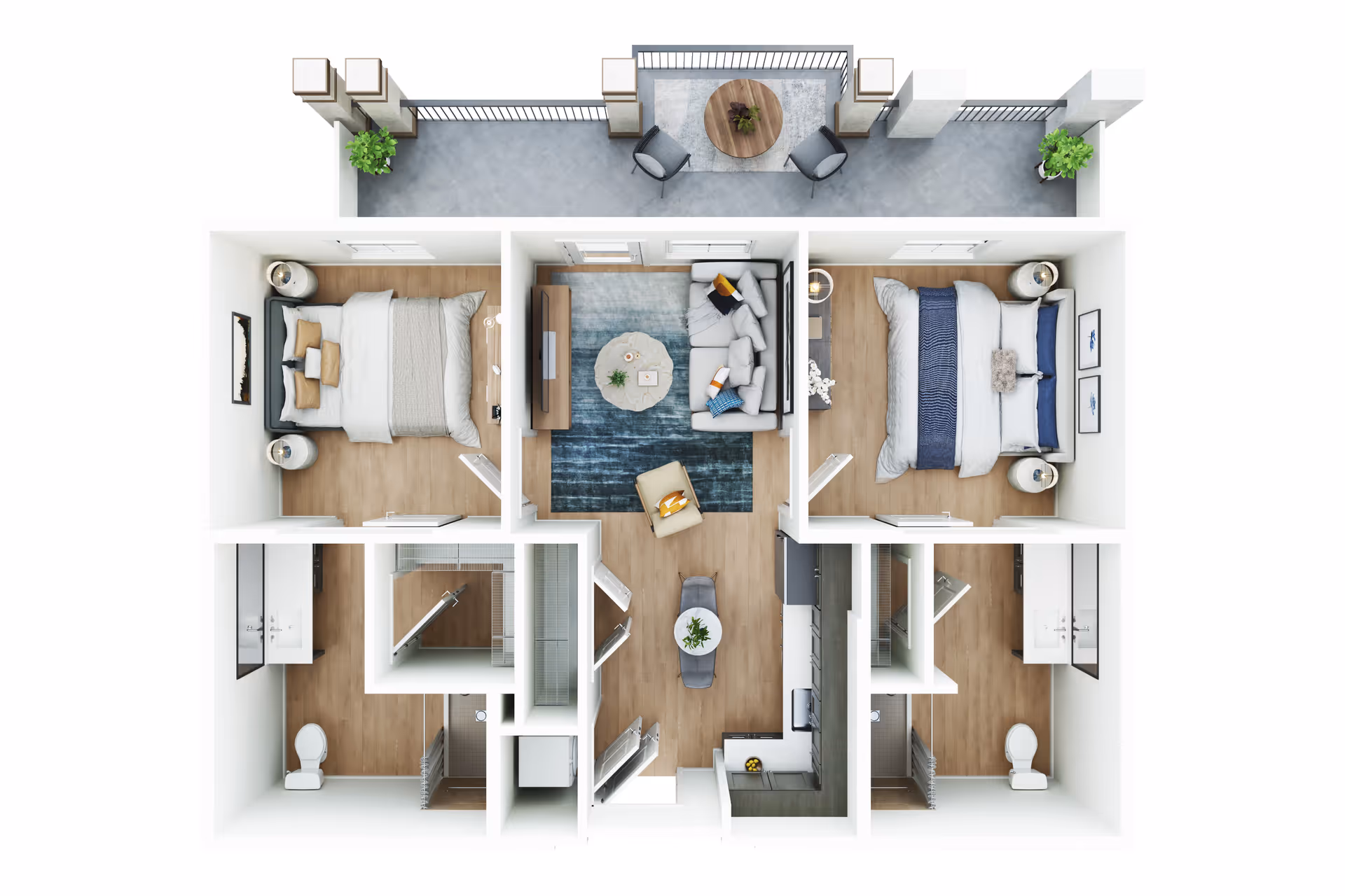 3D top-down floor plan of a two-bedroom, two-bath apartment with a central living area, kitchen, and balcony.