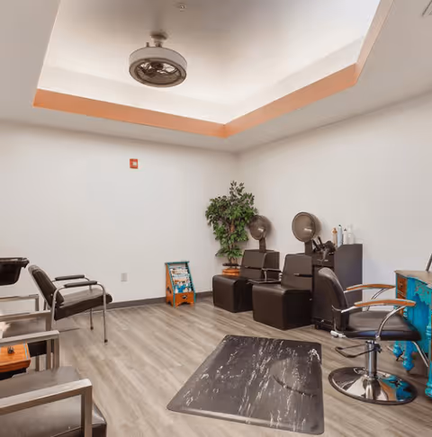 Interior of a salon area with several black salon chairs, two hair dryers, a small green plant in the corner, a blue vintage-style cabinet, and a ceiling fan with a light fixture. The room has light-colored wood flooring and white walls with a recessed ceiling featuring soft lighting.