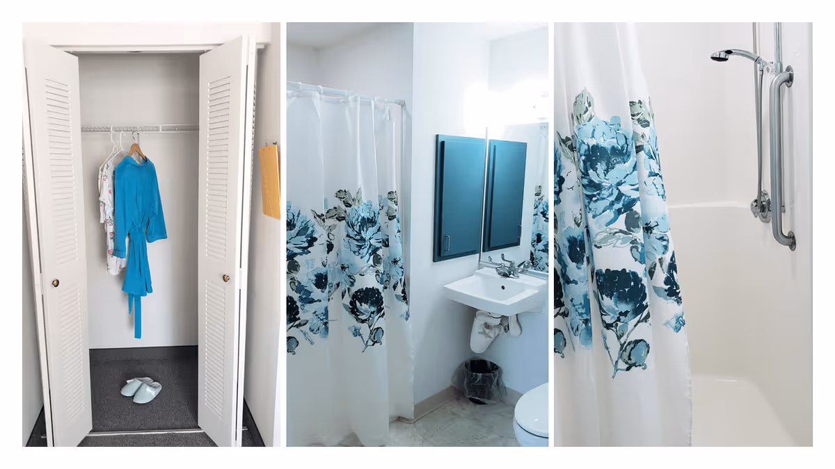 Three-panel image showing an open closet with clothes and slippers, a bathroom sink with a mirror and floral shower curtain, and a bathtub with a grab bar and floral shower curtain.