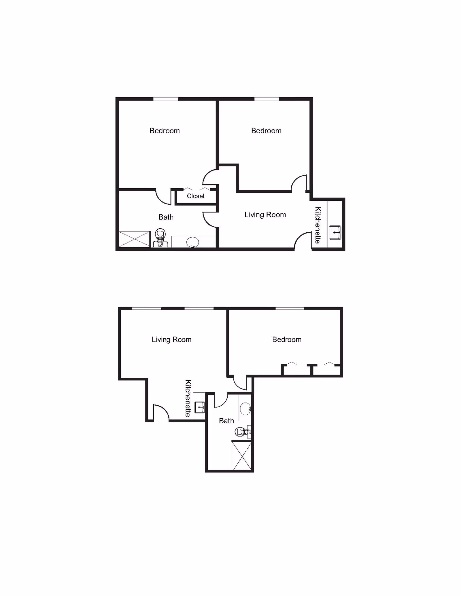 Two black and white architectural floor plans showing layouts with bedrooms, living rooms, kitchenettes, bathrooms, and closets.