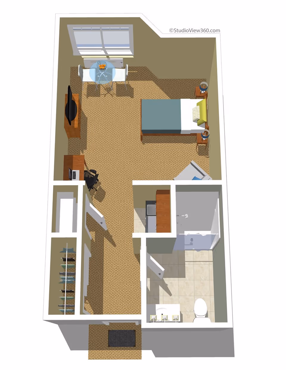 3D floor plan of a senior living facility studio apartment featuring a bedroom area with a bed, nightstands, and a chair, a small dining area with a round table and two chairs near a window, a TV on a stand, a desk with a chair, a closet, and a bathroom with a shower, toilet, and sink.