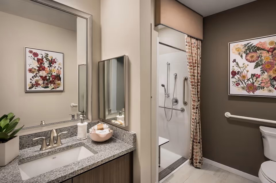 A modern bathroom with a granite countertop sink, a large mirror, a small potted plant, soap dispenser, and a bowl with toiletries. The bathroom features a walk-in shower with grab bars and a shower seat, a patterned shower curtain, a toilet, and floral artwork on the walls.