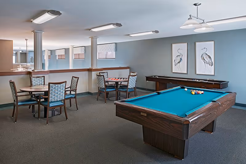 A recreational room with a pool table set up for a game, a shuffleboard table against the wall, and two round tables each surrounded by four chairs. The walls are painted light blue and decorated with two framed bird illustrations. The room has carpeted flooring and several white columns.