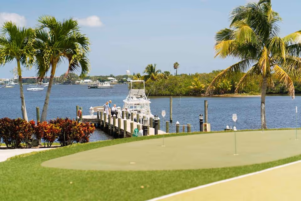 Waterfront scene with palm trees, a dock with boats and people, and a putting green in the foreground.