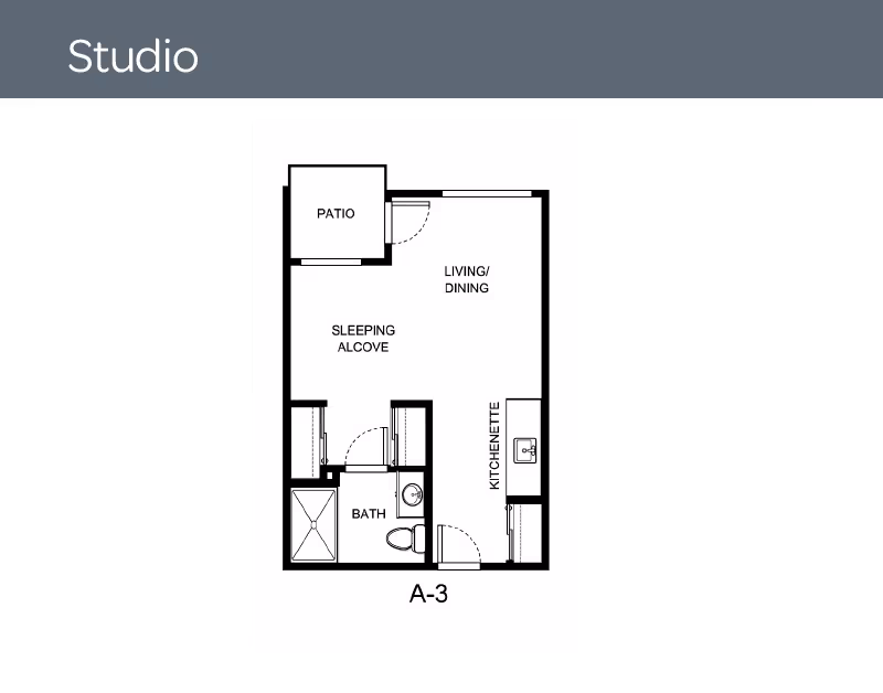 Floor plan of a studio apartment labeled A-3 showing a patio, living/dining area, sleeping alcove, kitchenette, and bathroom.