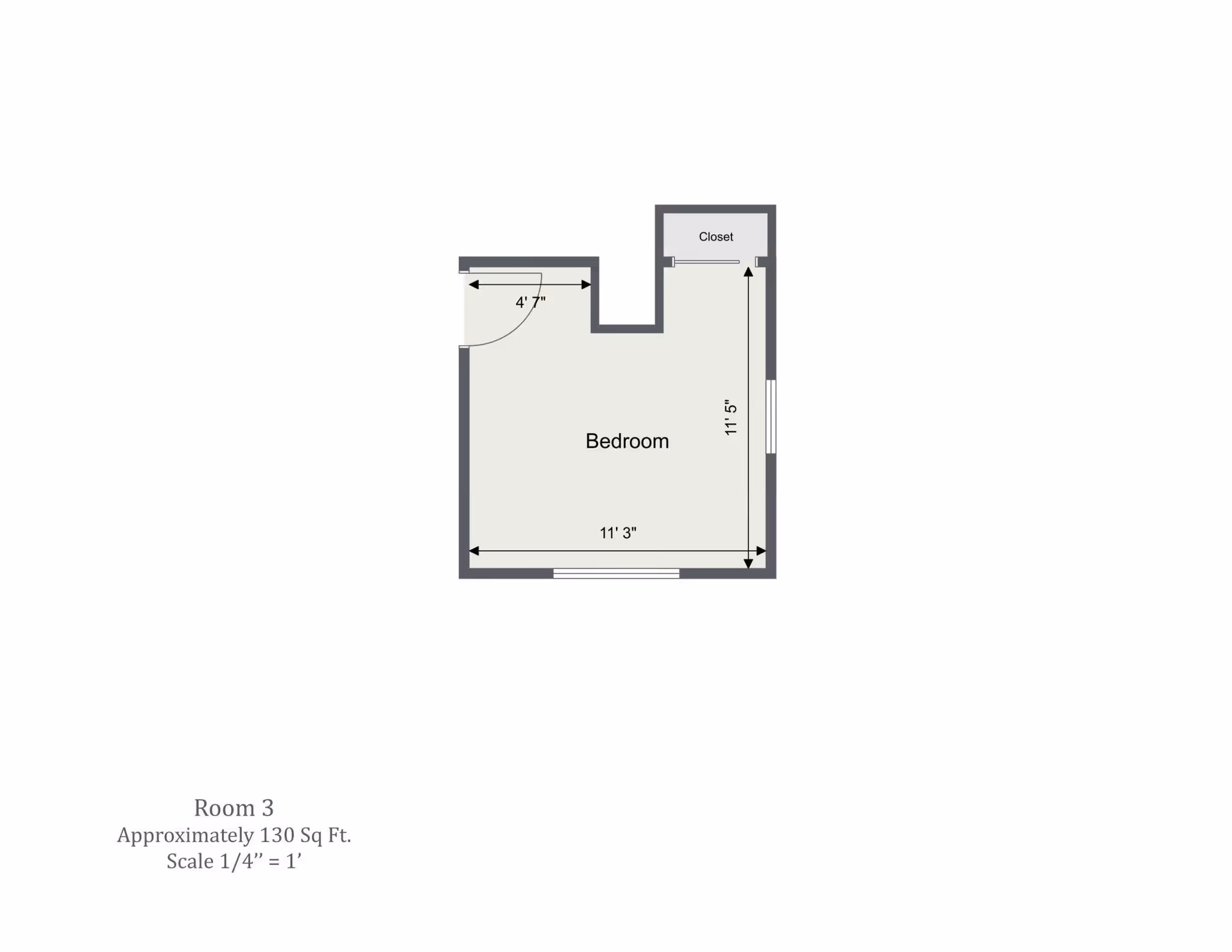 Floor plan of a bedroom labeled Room 3, approximately 130 square feet, with dimensions 11 feet 3 inches by 11 feet 5 inches, including a closet and a door. Scale is 1/4 inch equals 1 foot.