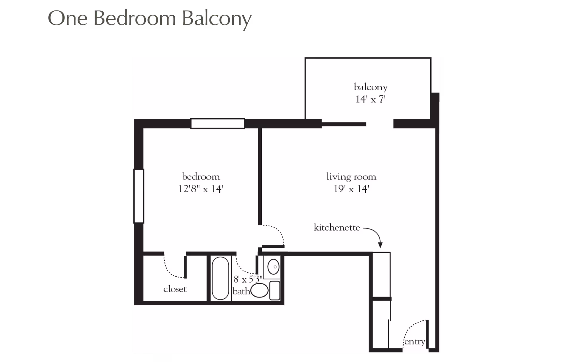 Floor plan of a one-bedroom apartment with a balcony. The layout includes a bedroom measuring 12 feet 8 inches by 14 feet, a living room measuring 19 feet by 14 feet, a kitchenette, a bathroom measuring 8 feet by 5 feet 3 inches, a closet, an entryway, and a balcony measuring 14 feet by 7 feet.