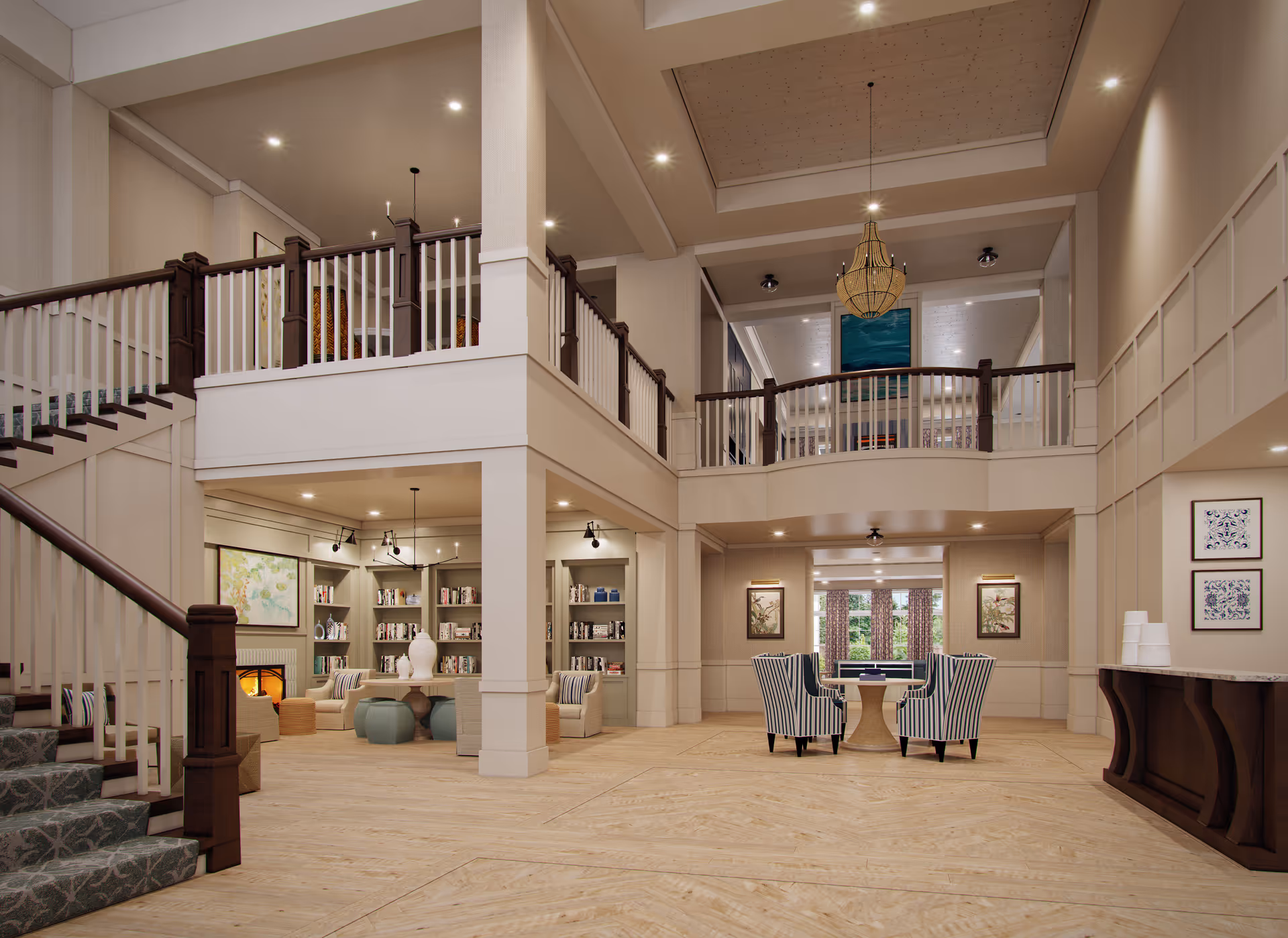 Spacious and elegant senior living facility interior with a two-story ceiling, a staircase with dark wood railing and carpeted steps, a seating area with striped armchairs around a small table, built-in bookshelves, and a cozy fireplace. The room is decorated with framed artwork and a chandelier hanging from the ceiling.