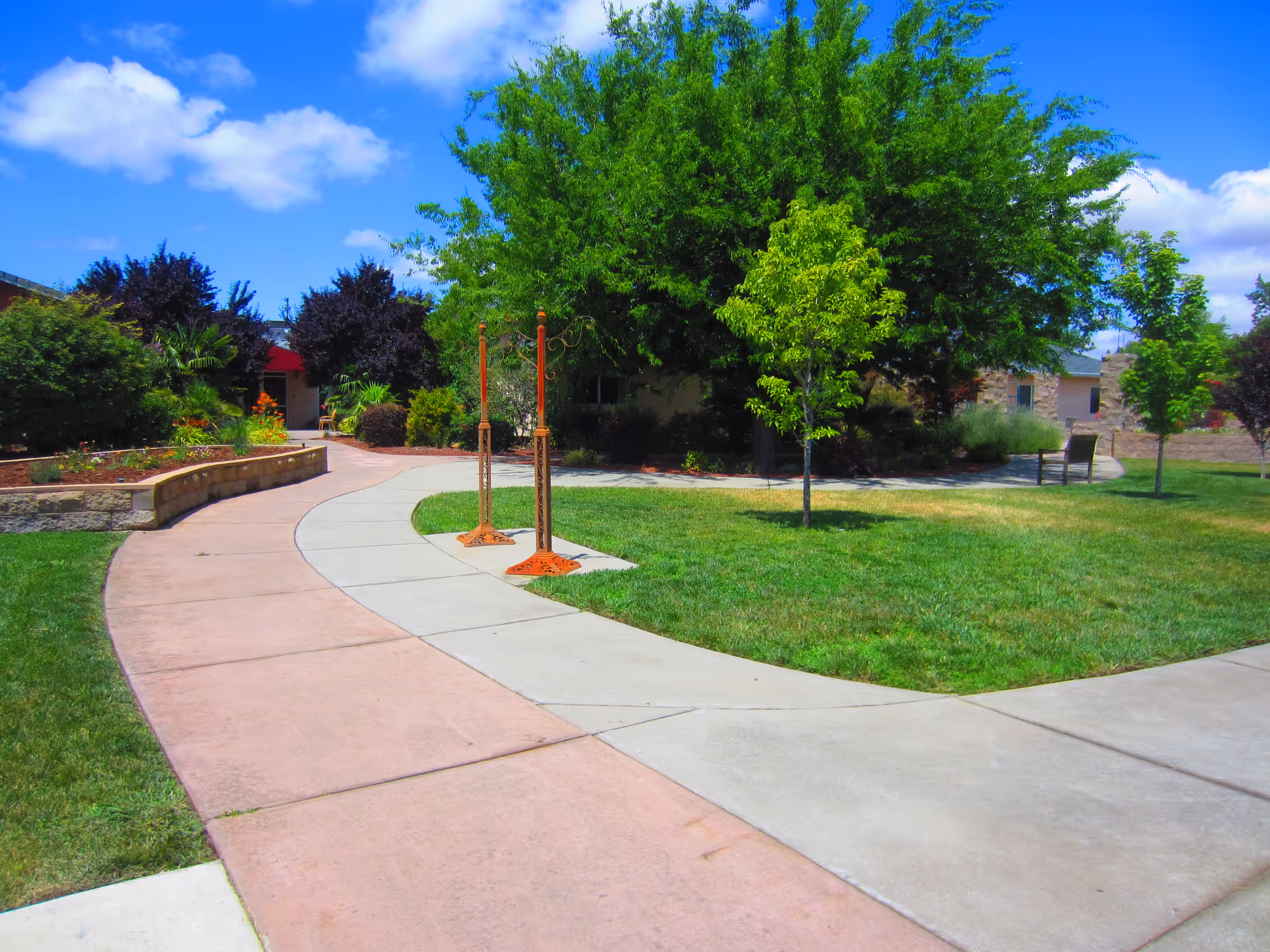 A sunny outdoor garden area with a curved concrete walkway surrounded by green grass, trees, and shrubs. There is a bench in the background and a clear blue sky with some clouds overhead.