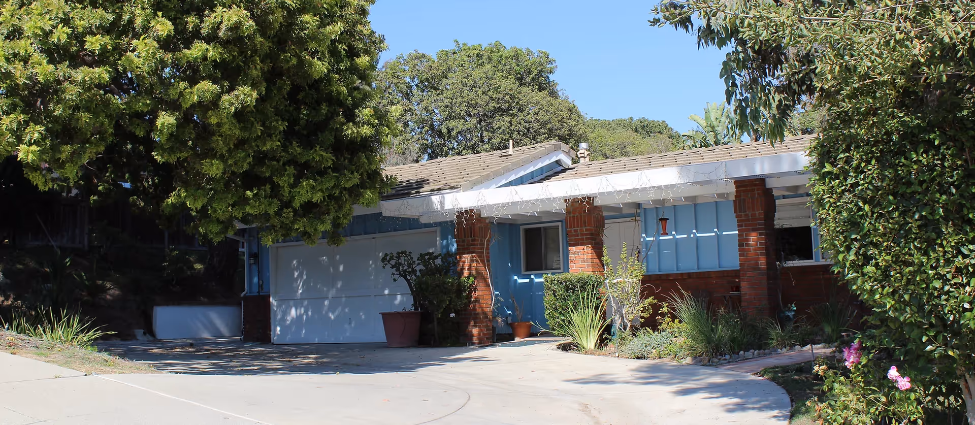 Front exterior of a single-story brick and blue-painted house with a garage, driveway, and surrounding trees and shrubs.