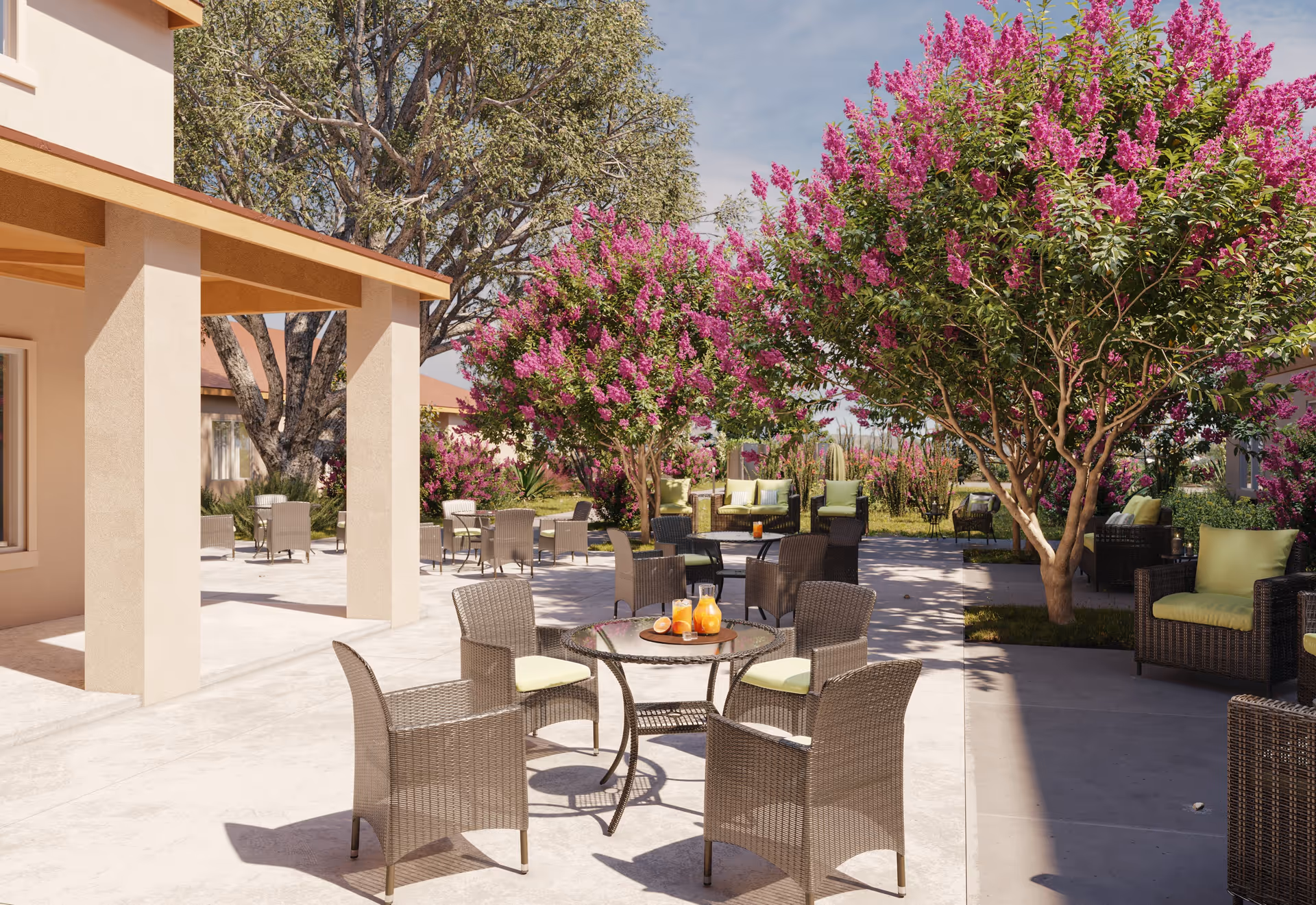Outdoor patio area at Ativo Senior Living of Yuma with multiple wicker chairs and tables, some with green cushions. The patio is surrounded by vibrant pink flowering trees and other greenery under a clear sky.