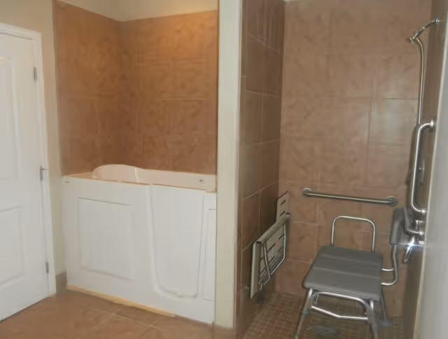 A bathroom with a walk-in bathtub on the left side and a tiled shower area on the right side featuring a foldable shower seat and grab bars for accessibility.