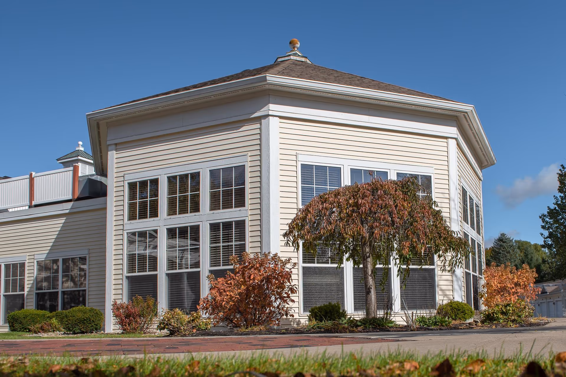 Exterior front view of a beige building with large multi-pane windows, landscaped shrubs, and a clear blue sky.