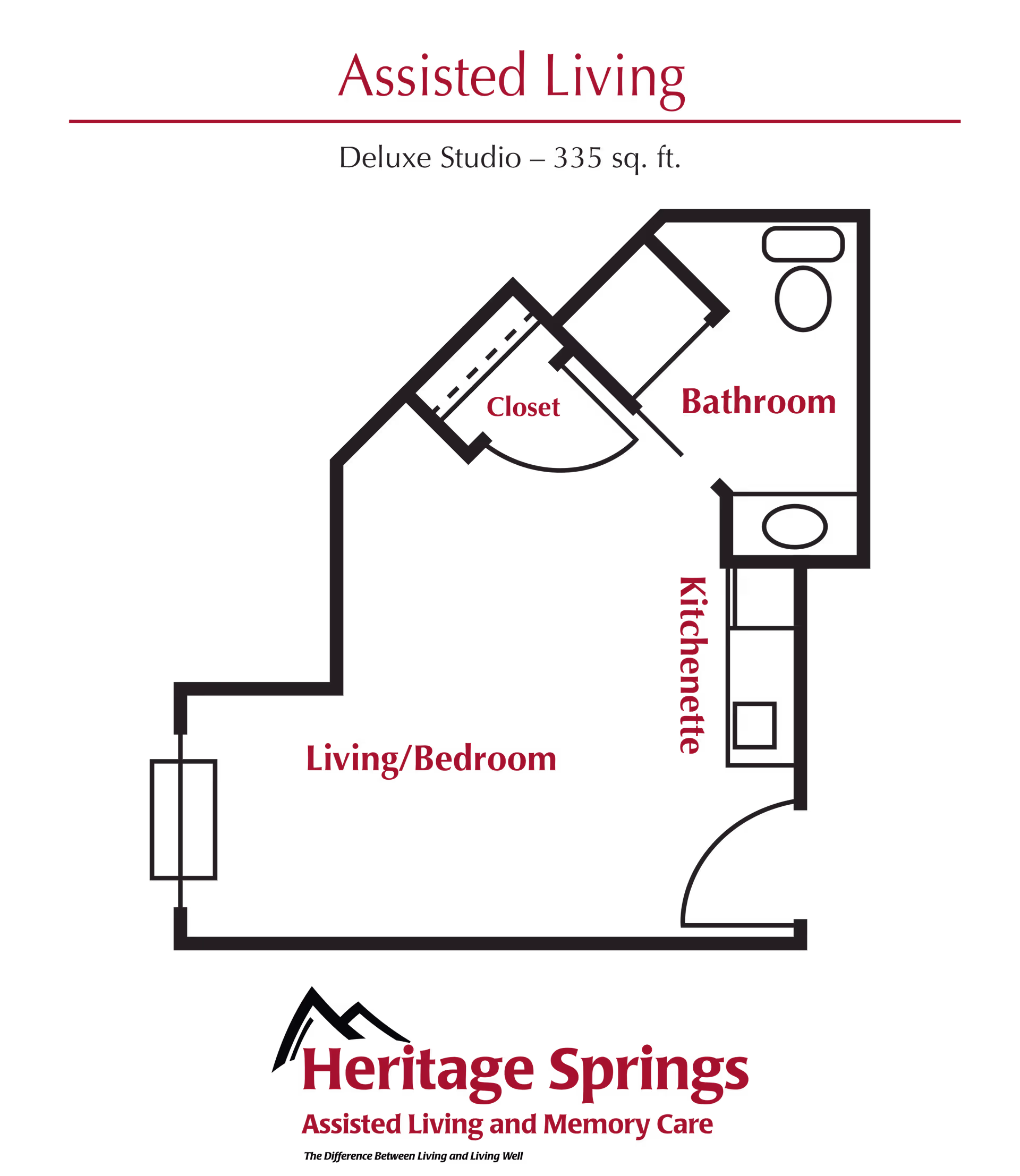 Floor plan of a deluxe studio assisted living unit at Heritage Springs Assisted Living and Memory Care, showing a living/bedroom area, kitchenette, closet, and bathroom in a 335 square feet layout.
