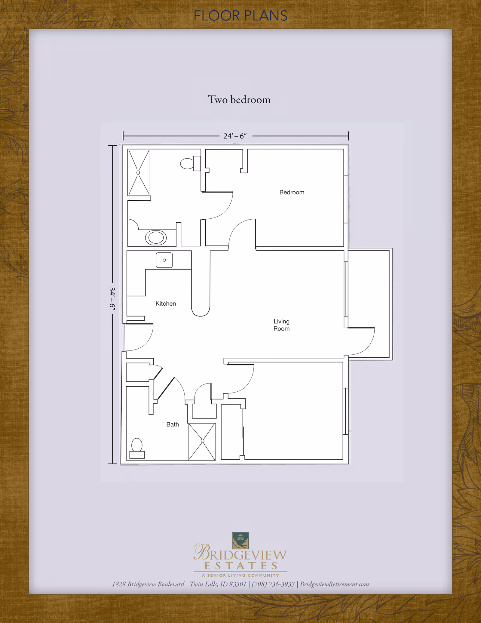 Floor plan layout of a two-bedroom apartment at Bridgeview Estates, showing dimensions and labeled rooms including two bedrooms, a kitchen, a living room, and a bathroom.