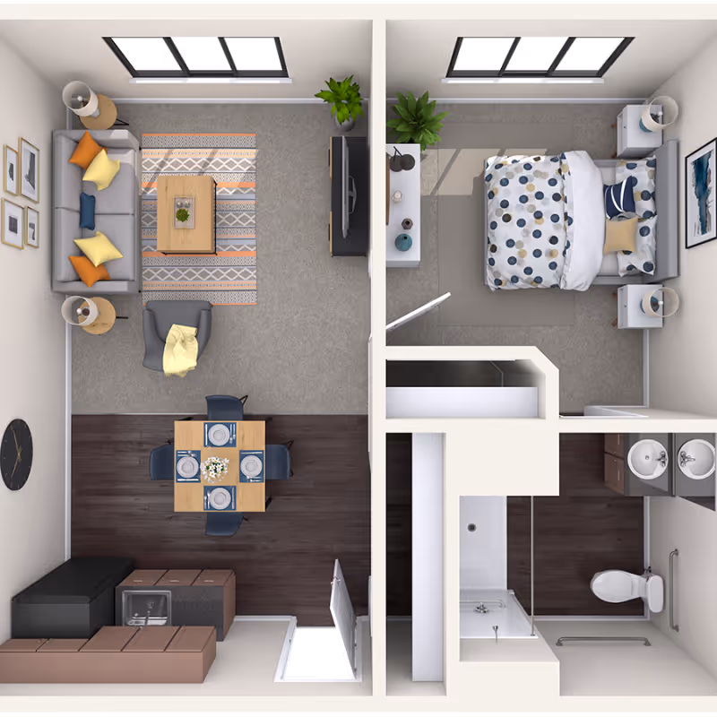 Top-down furnished one-bedroom apartment floor plan showing a living room, dining area, kitchen, bedroom, and bathroom.