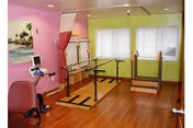 Rehabilitation therapy room with parallel bars, pink and green walls, and a wooden floor.