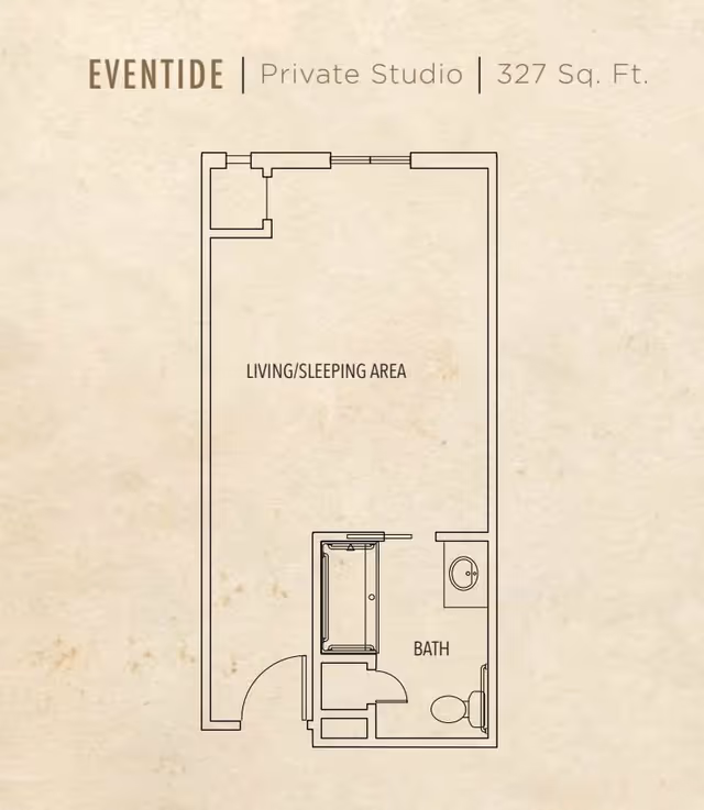 Floor plan of a private studio apartment named Eventide, measuring 327 square feet, showing a living/sleeping area and a bathroom with a shower, sink, and toilet.