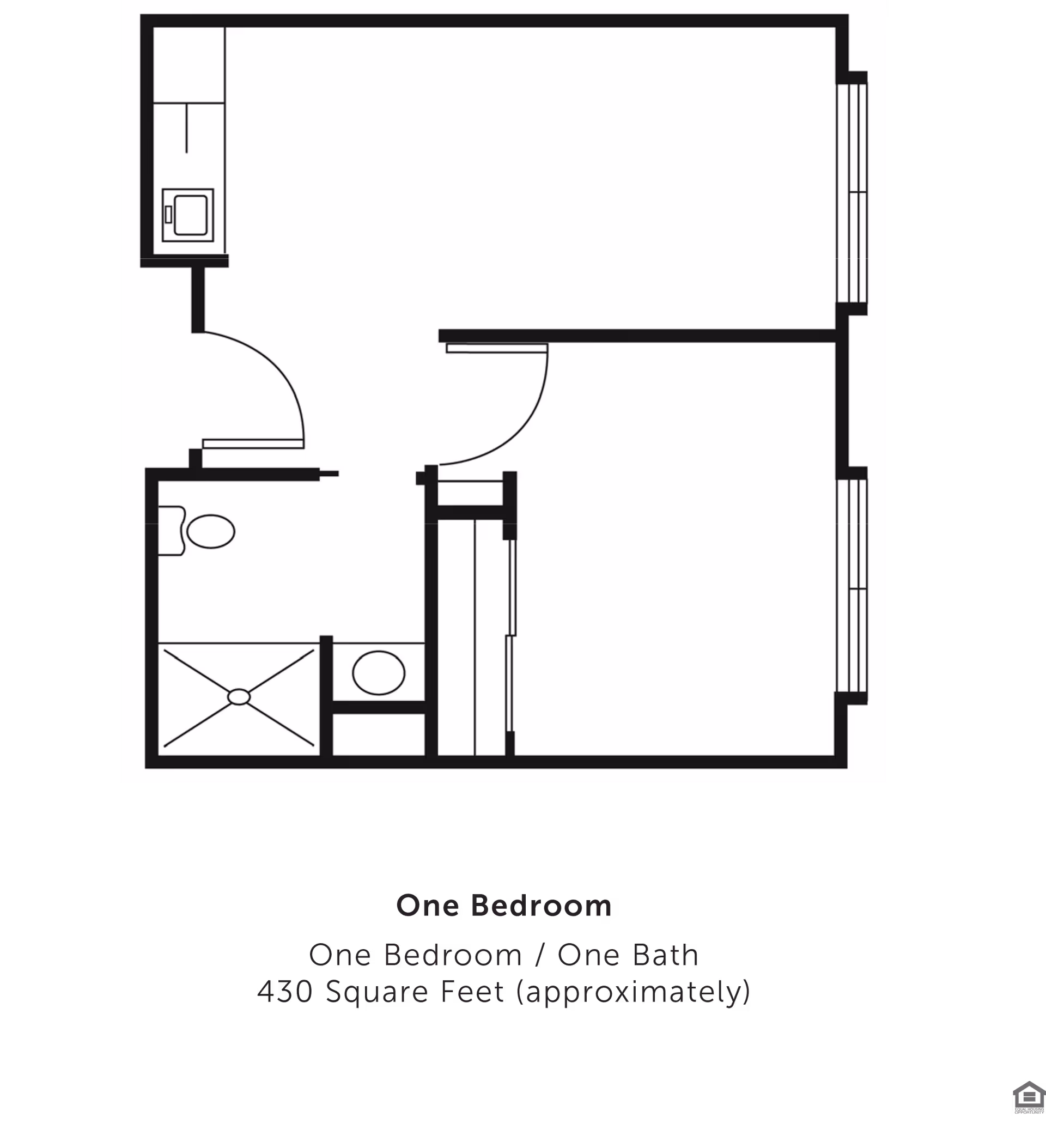 Architectural floor plan of a one-bedroom, one-bath apartment approximately 430 square feet, showing layout with a bedroom, bathroom, kitchen area, and living space.