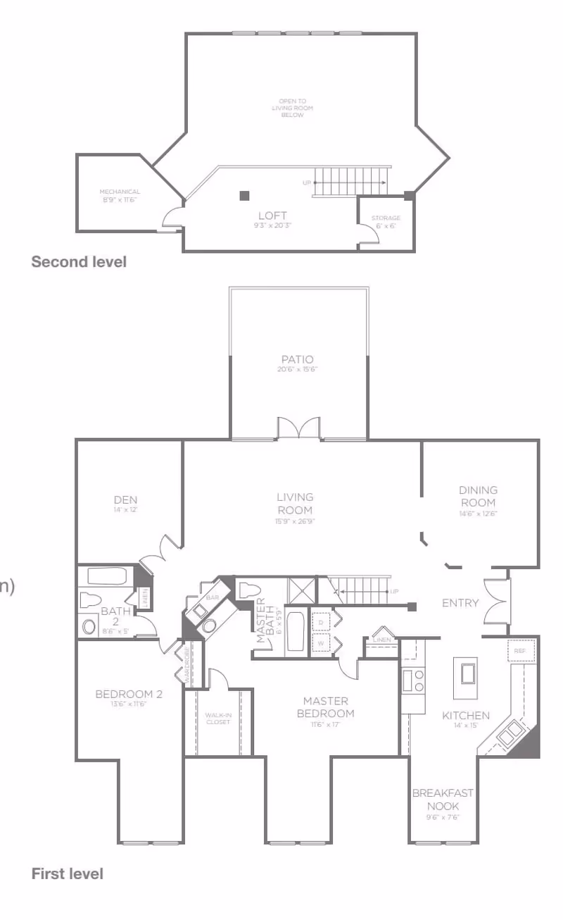 Architectural floor plan showing two levels of a residential unit at The Fountains of Melbourne. The first level includes a patio, living room, dining room, kitchen with breakfast nook, master bedroom with walk-in closet and master bath, second bedroom, second bath, den, entry, and laundry area. The second level features a loft, mechanical room, and storage space.