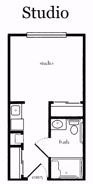 Floor plan of a studio apartment in Woodbridge Place Senior Living, showing an entry area, a studio living space, a bathroom with a toilet, sink, and bathtub, and a small kitchenette area.