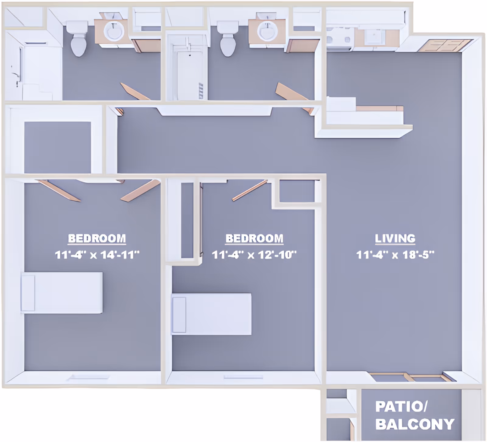 Top-down floor plan of a two-bedroom apartment showing a living room, two bedrooms with dimensions, bathrooms, kitchen area, and a patio/balcony.