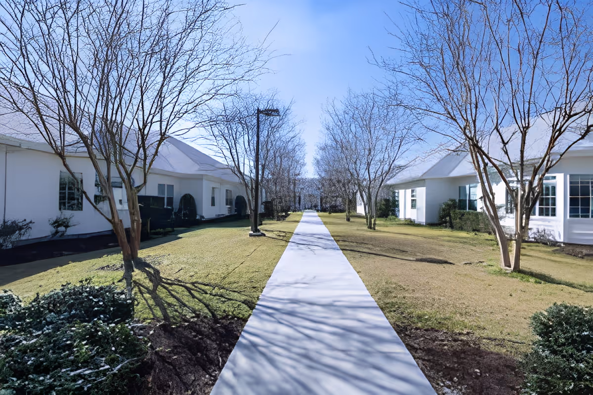 A straight concrete walkway lined with leafless trees runs between white single-story buildings across grassy lawns under a clear blue sky.
