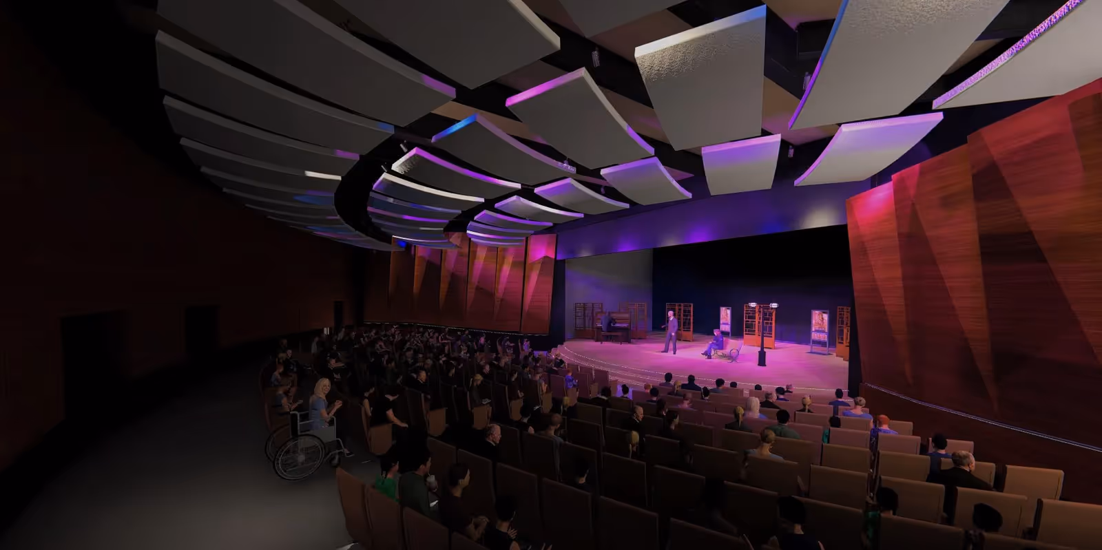 Audience seated in a theater auditorium facing a purple-lit stage with performers and distinctive ceiling panels.