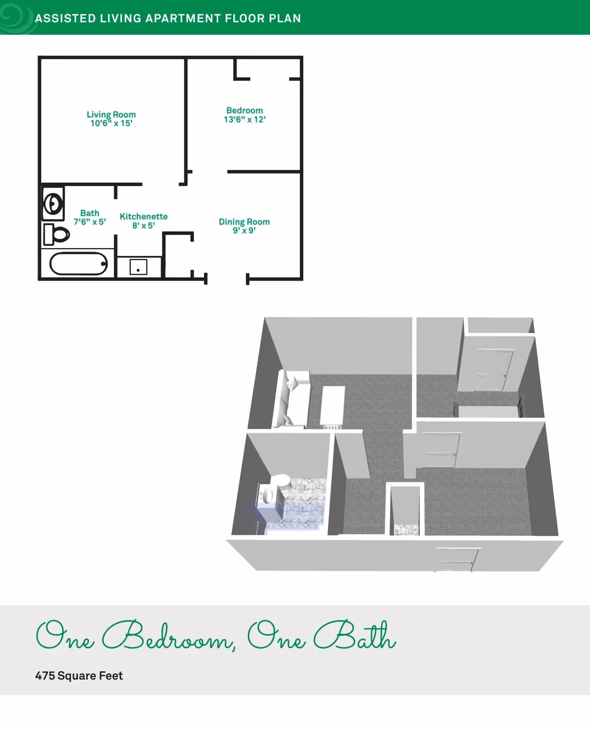 Floor plan and 3D layout of a one-bedroom, one-bath assisted living apartment at Zionsville Meadows, showing a living room, bedroom, bath, kitchenette, and dining room with dimensions.