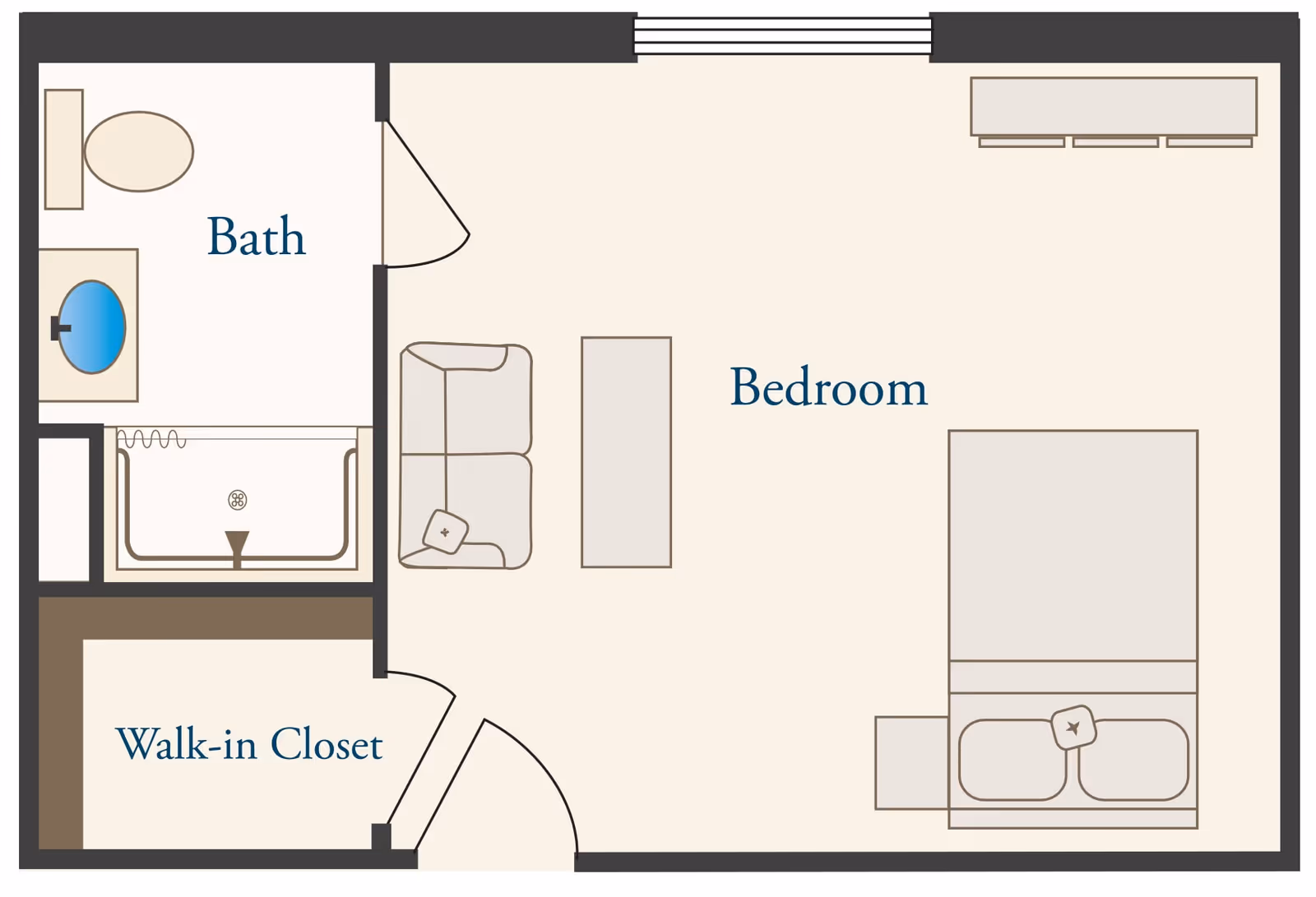 Floor plan of a senior living community unit showing a bedroom with a bed, nightstand, sofa, and dresser. Adjacent to the bedroom is a bathroom with a toilet, sink, and bathtub, and a walk-in closet.