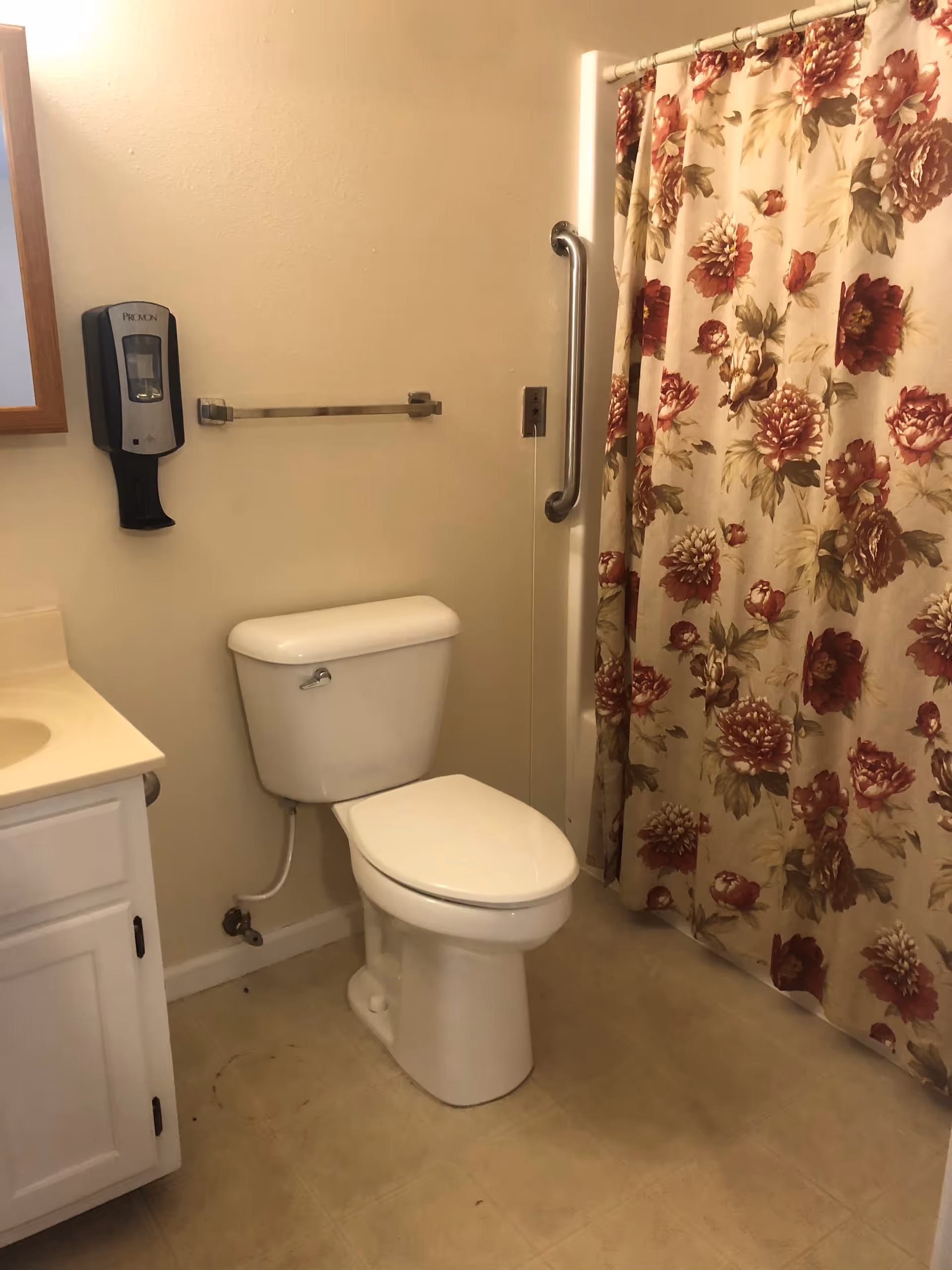 Bathroom with a toilet, sink vanity, grab bar, and a floral shower curtain.