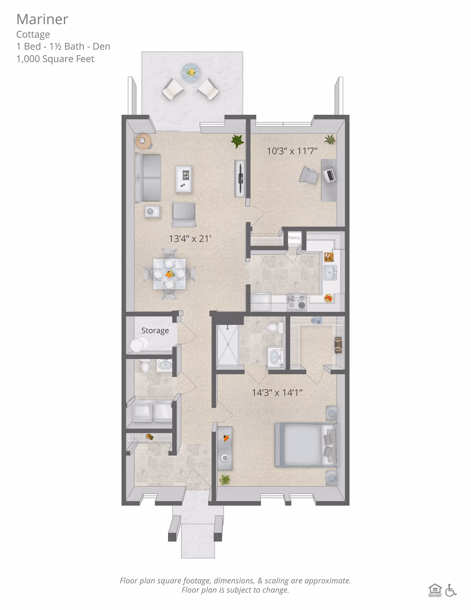 Floor plan of the Mariner cottage at Westminster at Lake Ridge, showing a layout with 1 bedroom, 1.5 bathrooms, a den, kitchen, living and dining area, storage, and a small outdoor patio. Dimensions for each room are labeled, and furniture placement is illustrated.