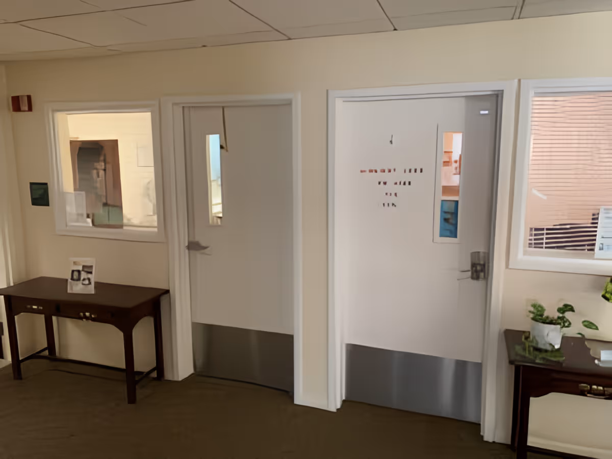 Interior hallway with two white doors featuring small vertical windows and metal kick plates at the bottom. There are two wooden tables on either side of the doors, one with a small plant and the other with a framed photo. Windows on either side of the doors show views into adjacent rooms.