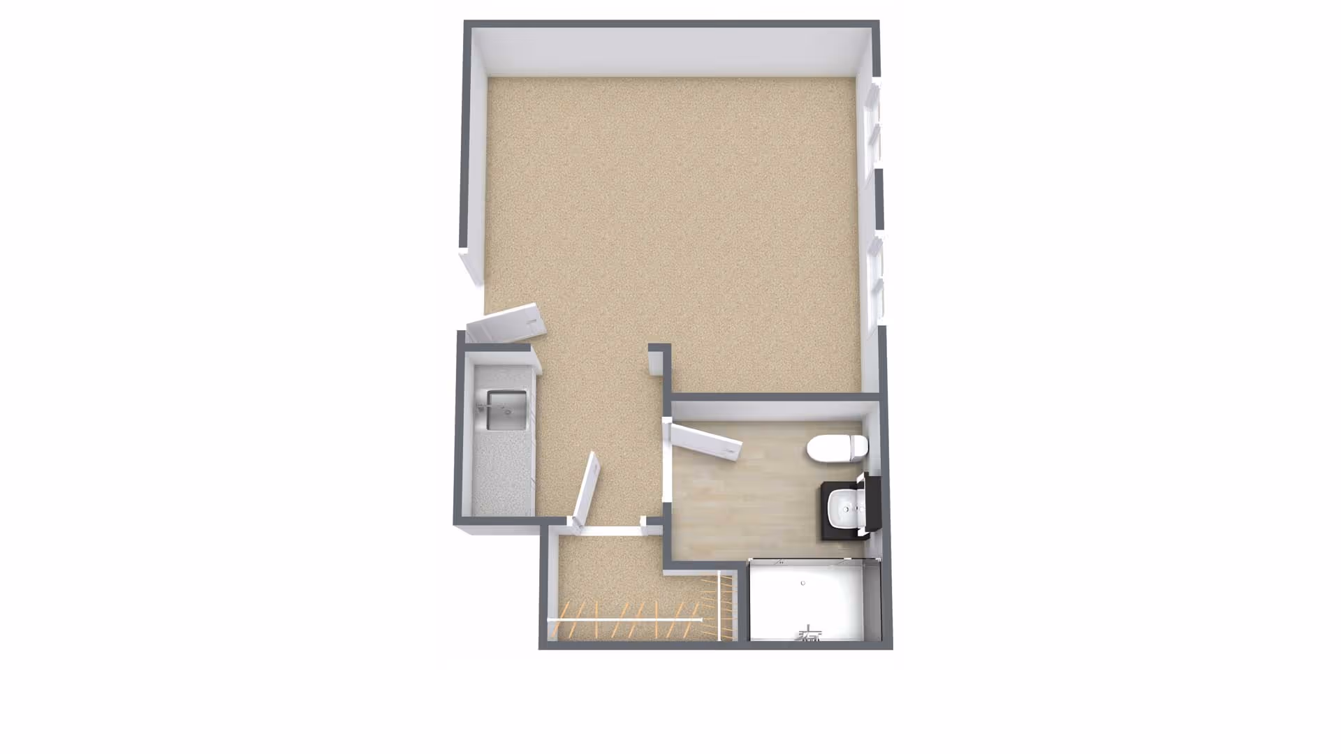 3D floor plan of a small apartment unit showing a main living area with carpet flooring, a kitchenette with a sink, a bathroom with a toilet, sink, and shower, and a closet space near the entrance.