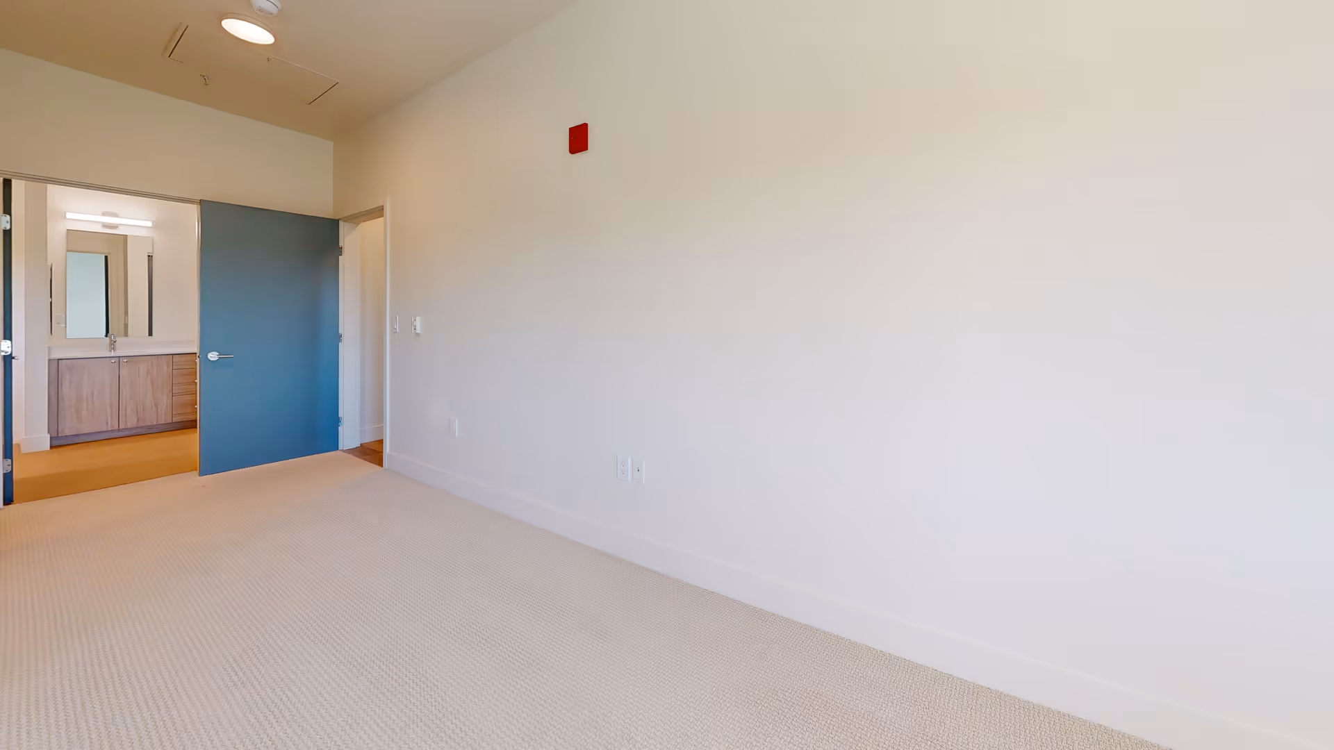 Empty carpeted bedroom with an open blue door revealing a bathroom vanity.