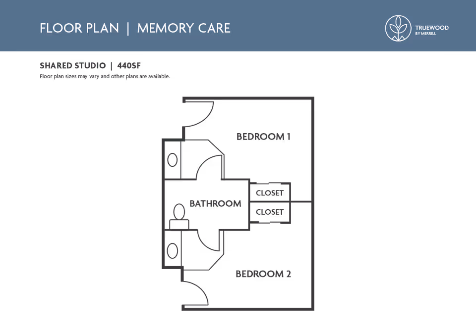 Graphic floor plan for a memory care shared studio showing two bedrooms, a central bathroom, and closets.