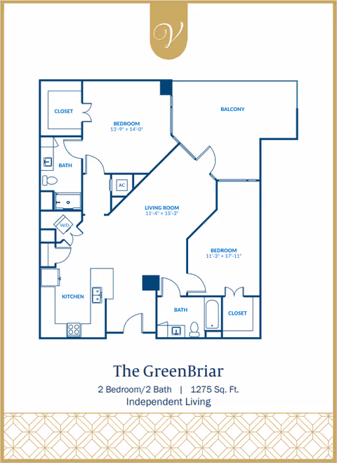 Floor plan illustration titled 'The GreenBriar' showing a 2-bedroom, 2-bath, 1275 sq. ft. independent living apartment with labeled kitchen, living room, balcony and closets.