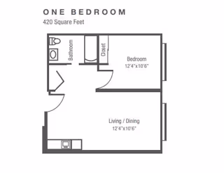 Floor plan of a one-bedroom apartment with 420 square feet, showing a bathroom, closet, bedroom measuring 12 feet 4 inches by 10 feet 6 inches, and a combined living and dining area of the same dimensions.