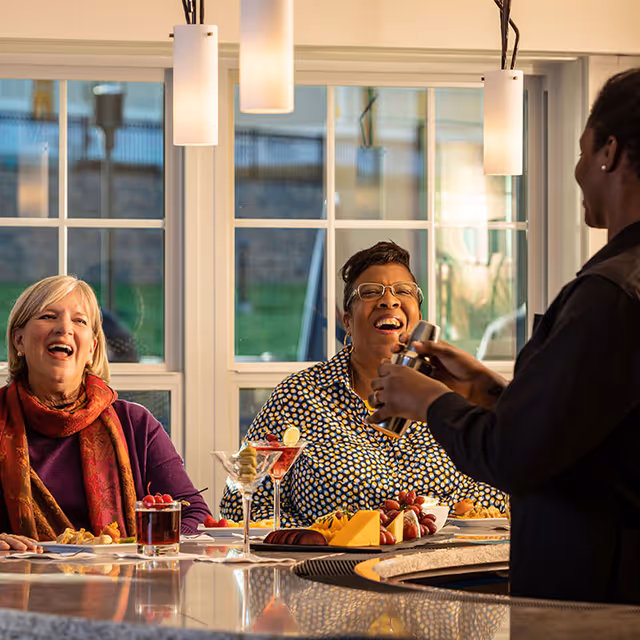 Two women sitting at a bar counter enjoying drinks and appetizers while a bartender is shaking a cocktail shaker. The setting is bright with large windows in the background.