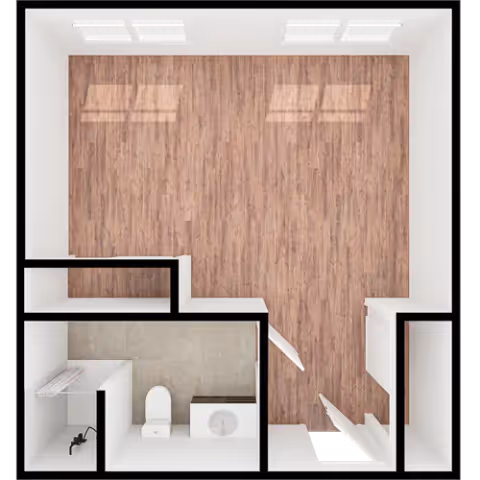 Top-down view of a small apartment floor plan with a main room featuring wood flooring, a bathroom with a toilet and sink, and an entry area with a closet.