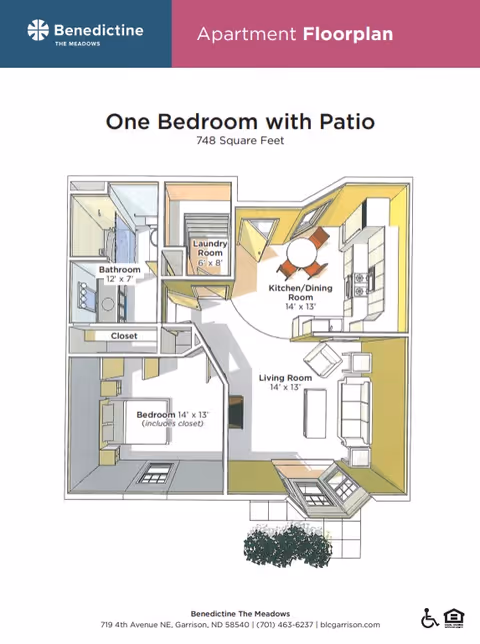 Floor plan of a one-bedroom apartment with patio at Benedictine The Meadows. The layout includes a 14 by 13 feet bedroom with closet, a 12 by 7 feet bathroom, a 6 by 8 feet laundry room, a 14 by 13 feet kitchen/dining room with a round table and chairs, and a 14 by 13 feet living room with sofa and chairs. The patio is shown outside the living room with some greenery.
