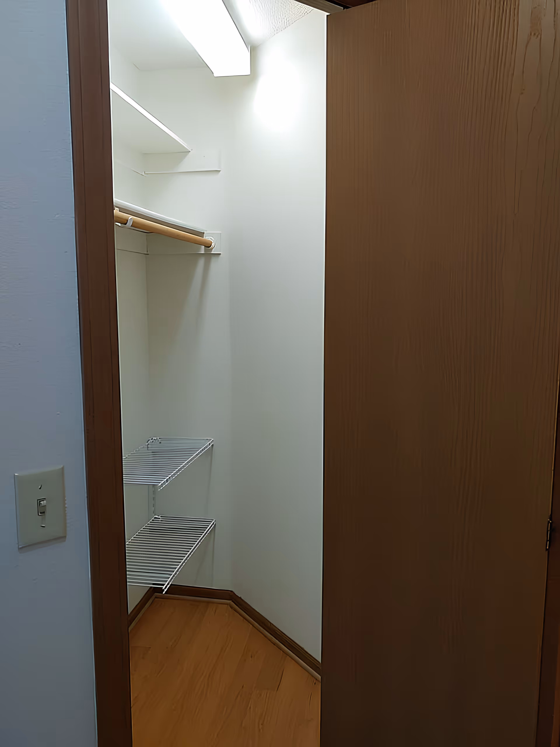 A small walk-in closet with a partially open wooden door, a hanging rod, wire shelving and an overhead light.