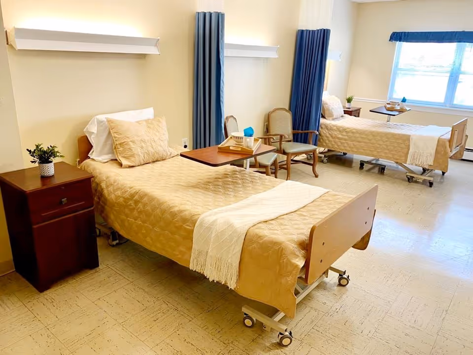 A bright and clean room with two hospital-style beds, each covered with beige quilted bedspreads and white pillows. Each bed has a small wooden bedside table with a plant on one and a tray with tissues on the other. There are two chairs between the beds and blue privacy curtains hanging from the ceiling. A large window lets in natural light, illuminating the room.