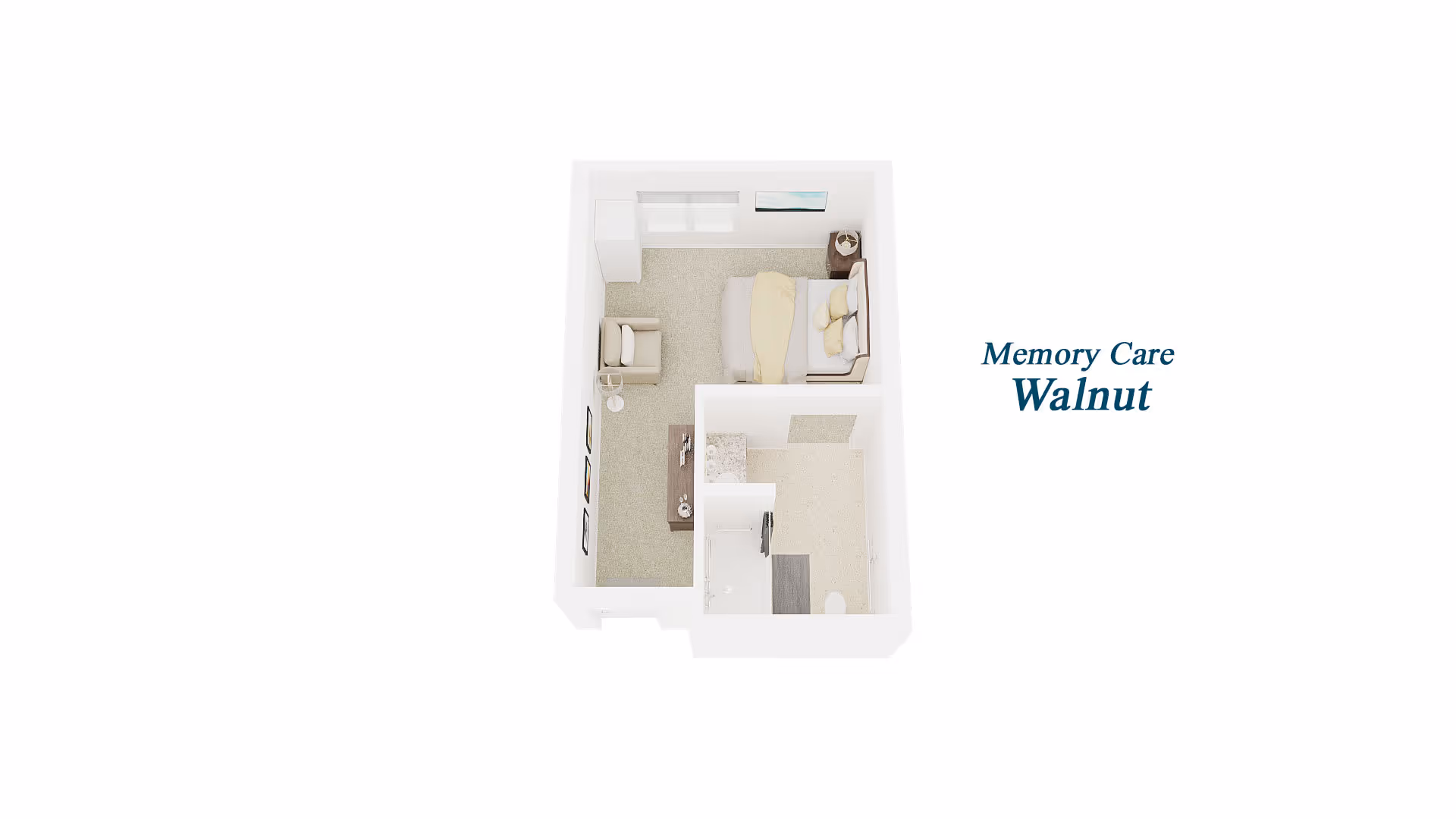 3D floor plan of a memory care unit named Walnut, featuring a bedroom with a bed, nightstand, armchair, and dresser, along with an attached bathroom.