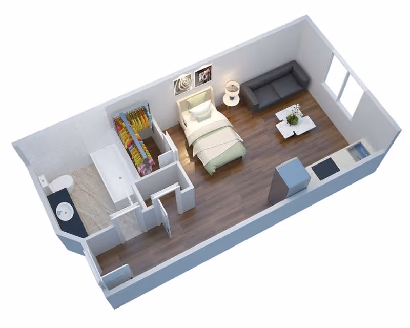 3D floor plan of a senior living studio apartment featuring a combined living and sleeping area with a bed, sofa, coffee table, and two windows. The apartment includes a small kitchen with a sink and stove, a walk-in closet with hanging clothes, and a bathroom with a bathtub, toilet, and sink.