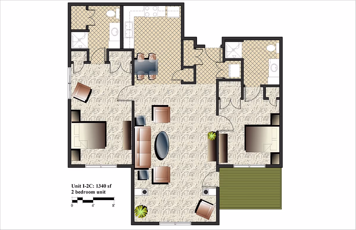 Illustrated floor plan of a two-bedroom, two-bathroom 1,340 sq ft apartment showing bedrooms, living area, kitchen, bathrooms and a balcony.