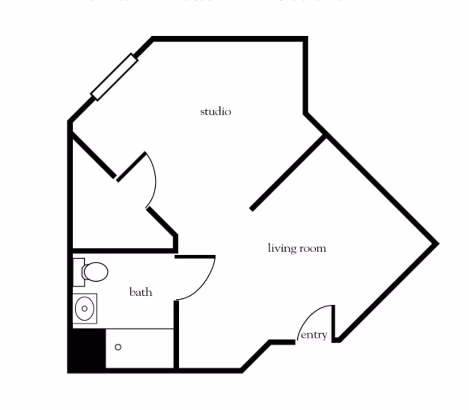 Floor plan layout of a senior living unit at Lady Lake Senior Living, showing a studio area, living room, bath, and entry.